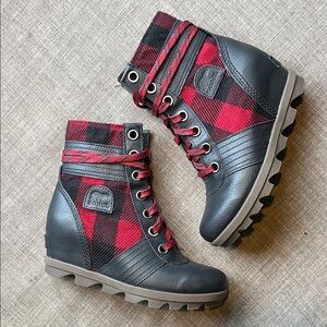 Sorel Lexie Wedge Waterproof Boots Buffalo Red and Black Plaid Leather 3